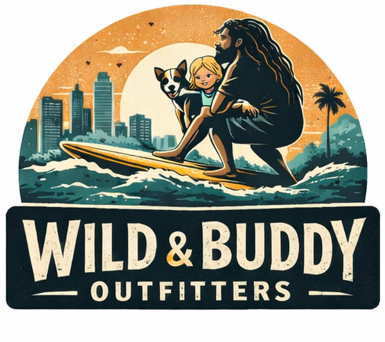 Wild and Buddy Outfitters — Dad, daughter, and dog on a surfboard